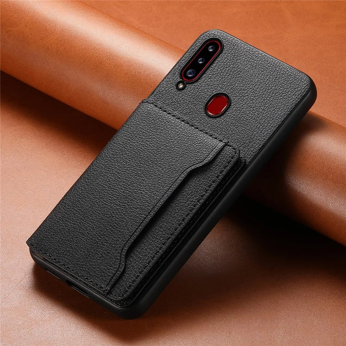 For Samsung Galaxy A20s Phone Case Card Slots Kickstand Phone Cover Calf Texture - Black - 6
