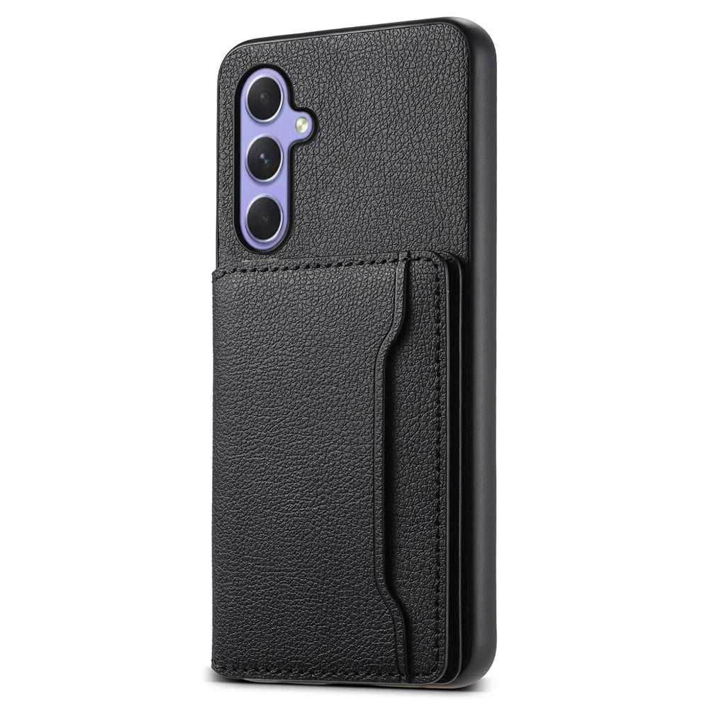 For Samsung Galaxy A54 5G Shockproof Case Card Slots TPU+PC+PU Kickstand Phone Cover - Black - 1