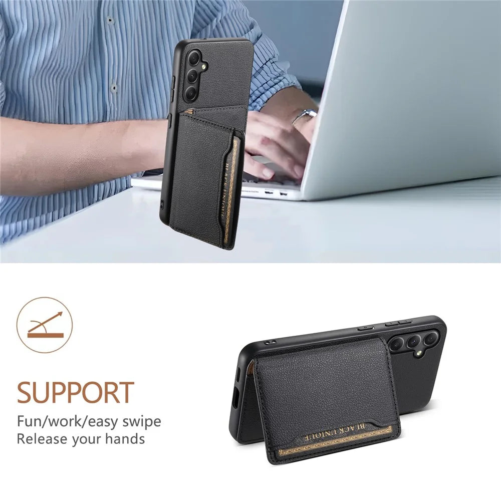 For Samsung Galaxy A24 4G (162.1 x 77.6 x 8.3mm) Case Shockproof Leather+TPU+PC Card Holder Phone Cover - Black - 5