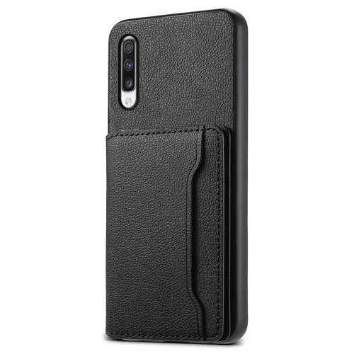 For Samsung Galaxy A70 Case Card Slots TPU+PC+PU Kickstand Phone Cover - Black - 1