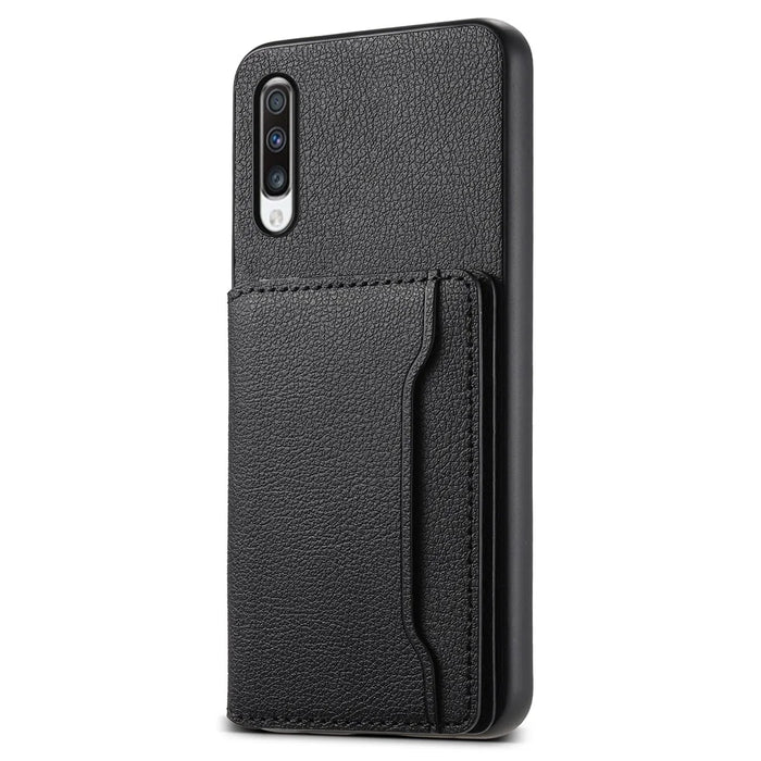For Samsung Galaxy A70 Case Card Slots TPU+PC+PU Kickstand Phone Cover - Black - 1