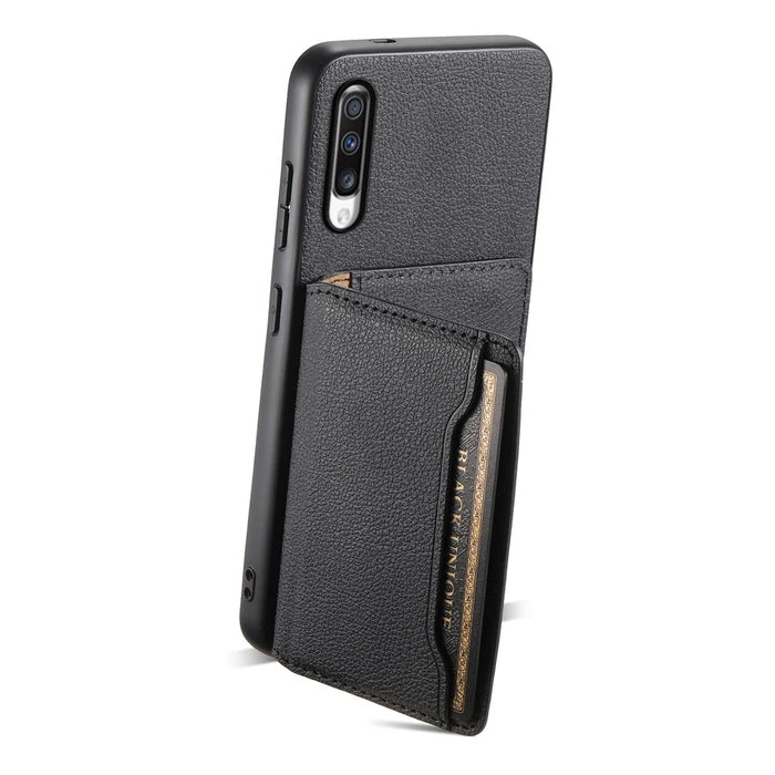 For Samsung Galaxy A70 Case Card Slots TPU+PC+PU Kickstand Phone Cover - Black - 2