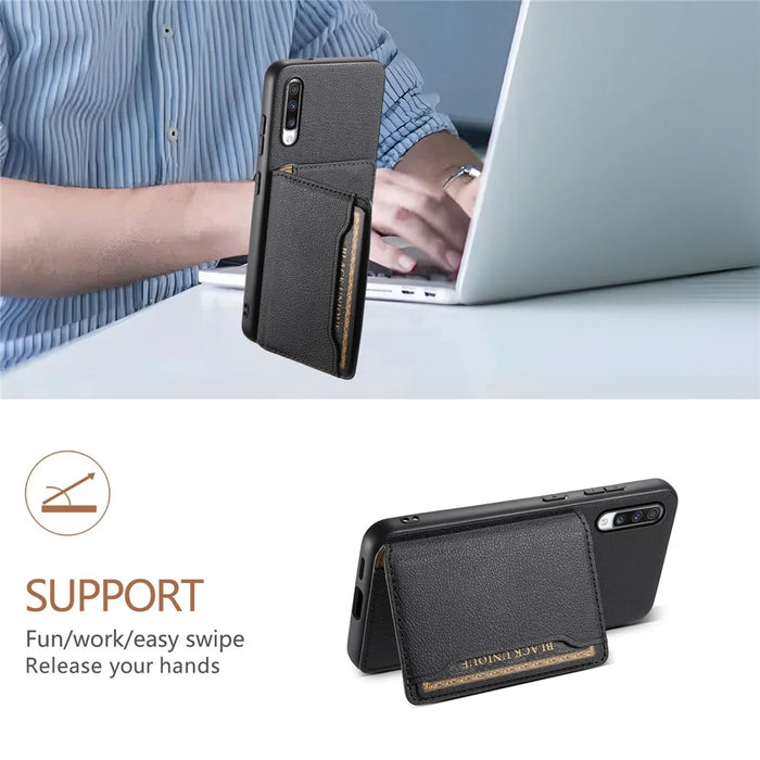For Samsung Galaxy A70 Case Card Slots TPU+PC+PU Kickstand Phone Cover - Black - 5