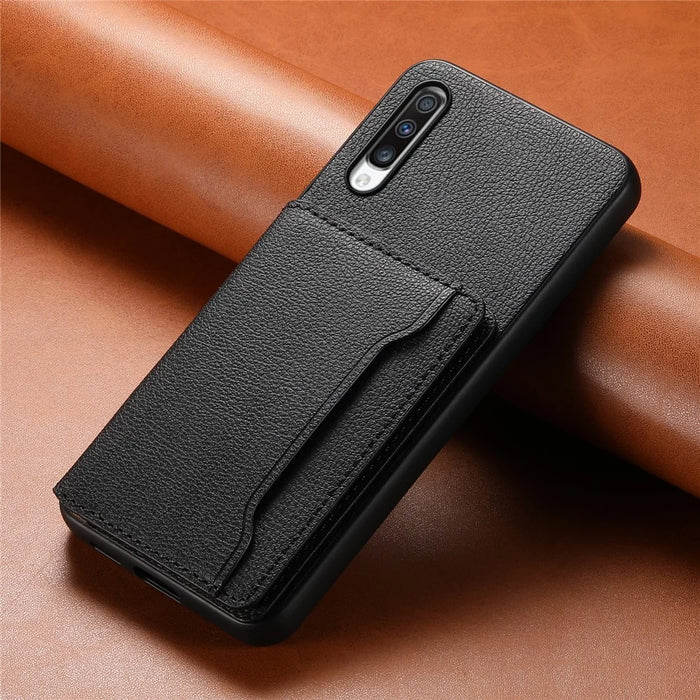 For Samsung Galaxy A70 Case Card Slots TPU+PC+PU Kickstand Phone Cover - Black - 6