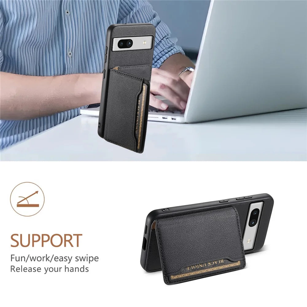 For Google Pixel 7a Case Card Slots Calf Texture Anti-drop Phone Cover - Black - 5