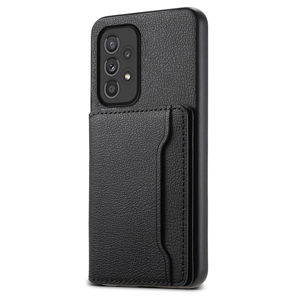 For Samsung Galaxy A33 5G Card Slots Case Kickstand TPU+PC+PU Phone Cover - Black - 1