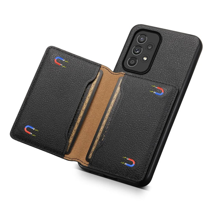 For Samsung Galaxy A33 5G Card Slots Case Kickstand TPU+PC+PU Phone Cover - Black - 4