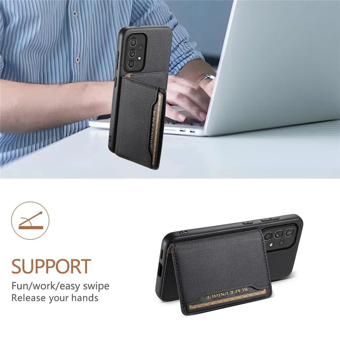 For Samsung Galaxy A33 5G Card Slots Case Kickstand TPU+PC+PU Phone Cover - Black - 5