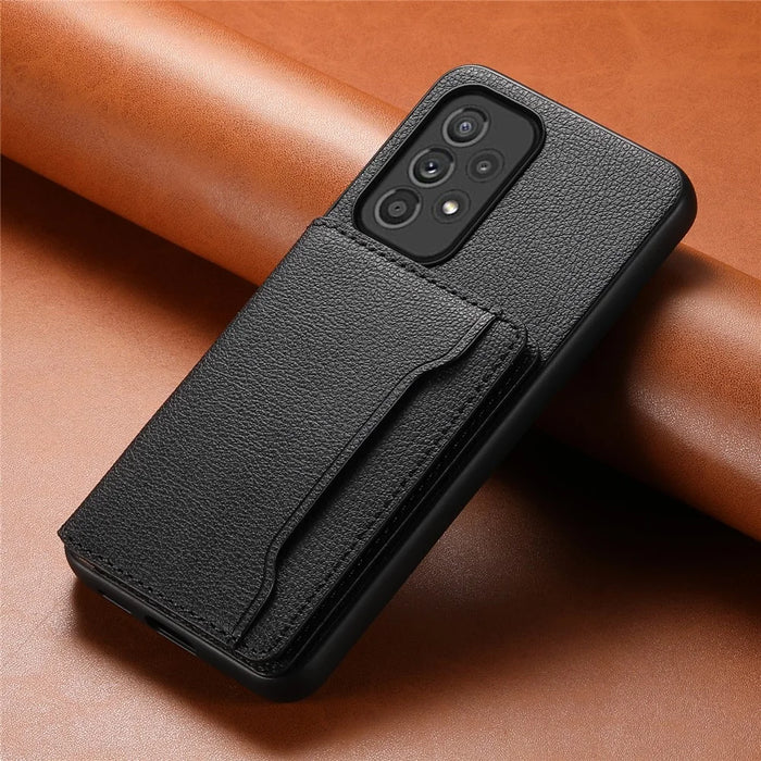 For Samsung Galaxy A33 5G Card Slots Case Kickstand TPU+PC+PU Phone Cover - Black - 6