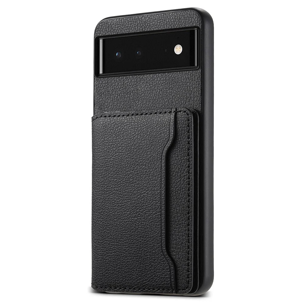For Google Pixel 6 PC+TPU+PU Leather Phone Case Card Slots Magnetic Kickstand Calf Texture Shell - Black - 1