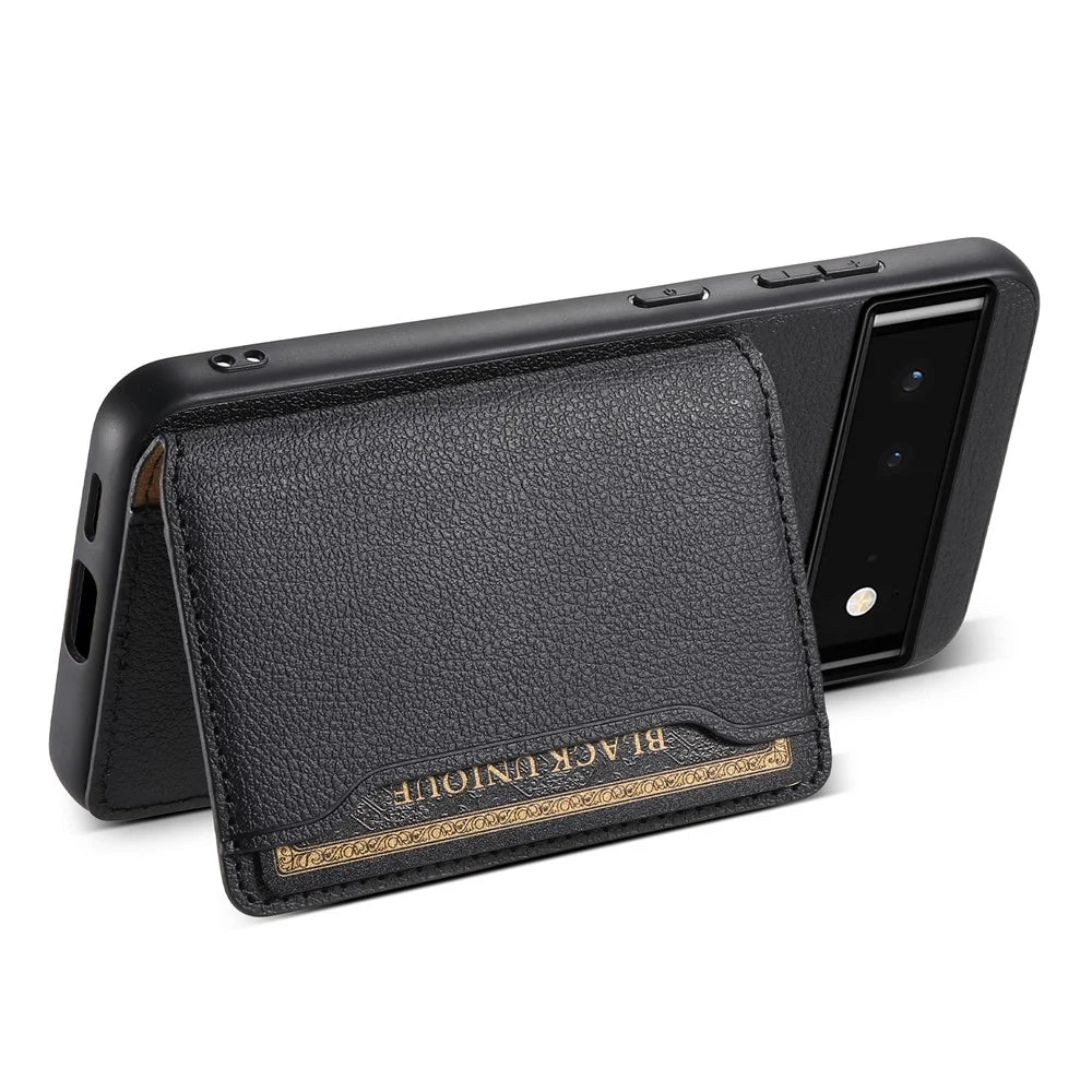 For Google Pixel 6 PC+TPU+PU Leather Phone Case Card Slots Magnetic Kickstand Calf Texture Shell - Black - 3