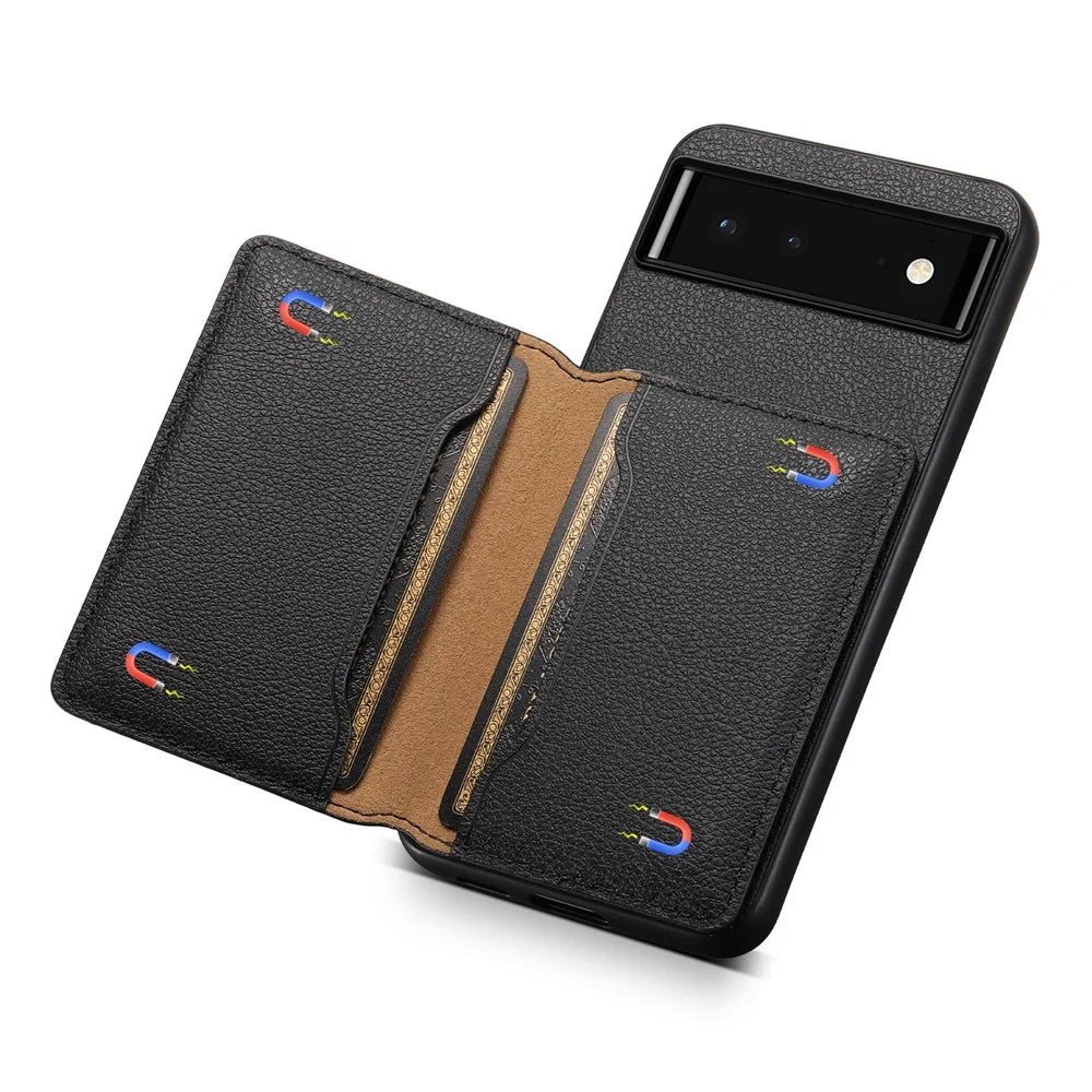 For Google Pixel 6 PC+TPU+PU Leather Phone Case Card Slots Magnetic Kickstand Calf Texture Shell - Black - 4