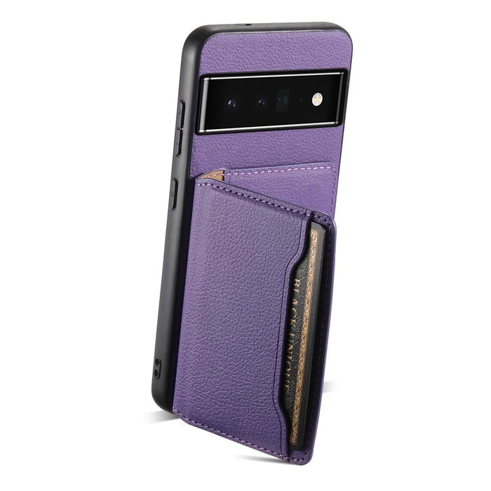 Kickstand Case for Google Pixel 6 Pro 5G Card Slots TPU+PC+PU Phone Cover - Purple - 2