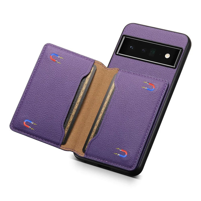 Kickstand Case for Google Pixel 6 Pro 5G Card Slots TPU+PC+PU Phone Cover - Purple - 4