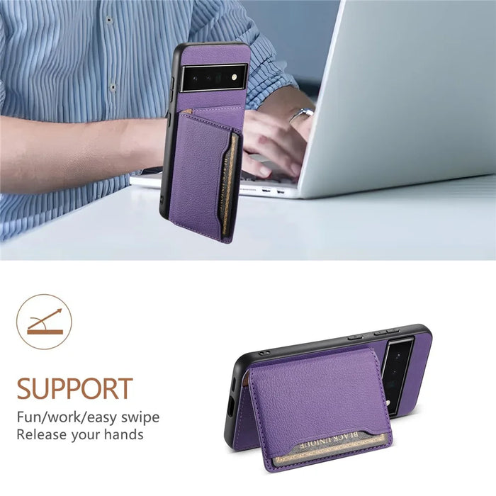 Kickstand Case for Google Pixel 6 Pro 5G Card Slots TPU+PC+PU Phone Cover - Purple - 5