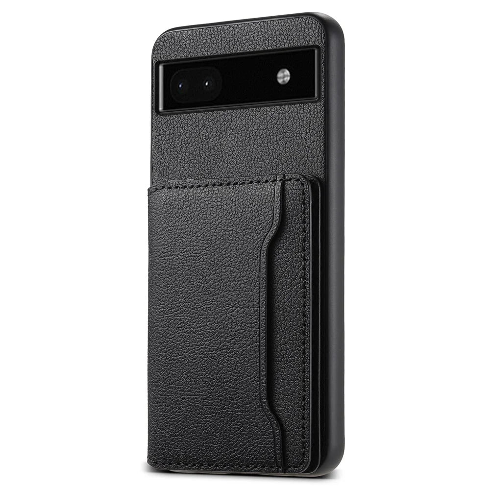For Google Pixel 6a Cell Phone Case Calf Texture Leather+TPU+PC Card Holder Cover - Black - 1