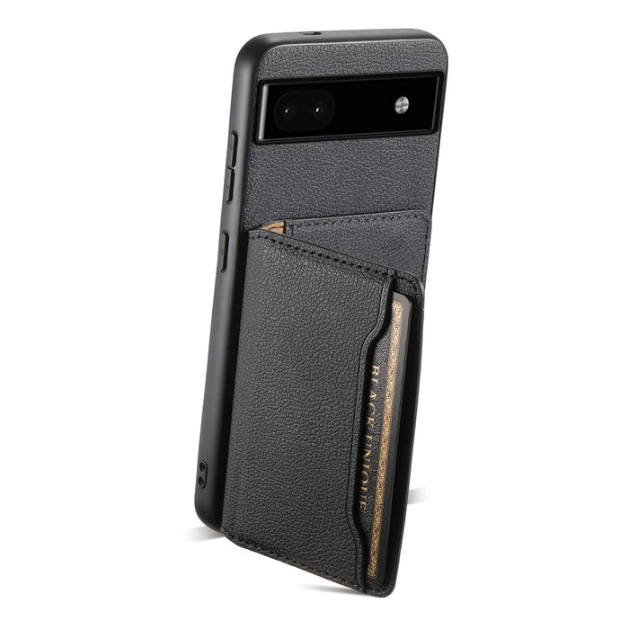 For Google Pixel 6a Cell Phone Case Calf Texture Leather+TPU+PC Card Holder Cover - Black - 2