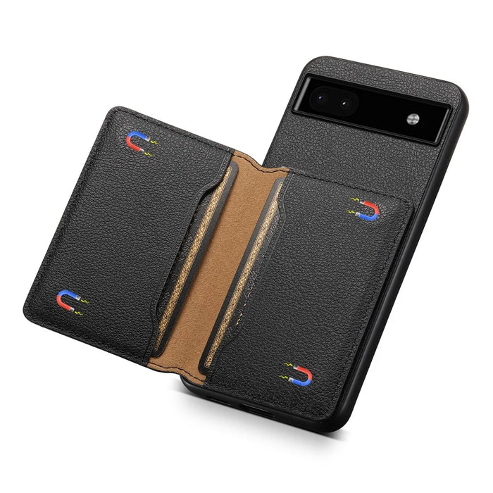 For Google Pixel 6a Cell Phone Case Calf Texture Leather+TPU+PC Card Holder Cover - Black - 4