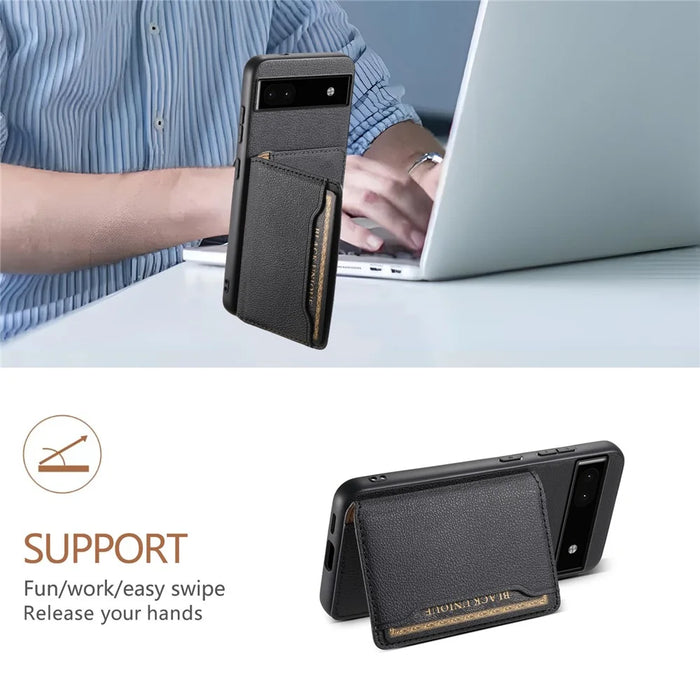 For Google Pixel 6a Cell Phone Case Calf Texture Leather+TPU+PC Card Holder Cover - Black - 5