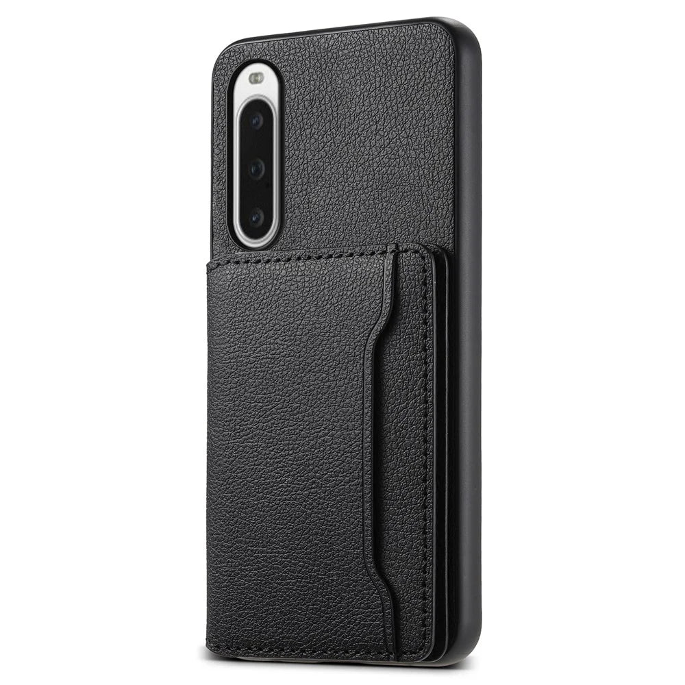 For Sony Xperia 10 V Case Kickstand Calf Texture Phone Back Protector - Black - 1