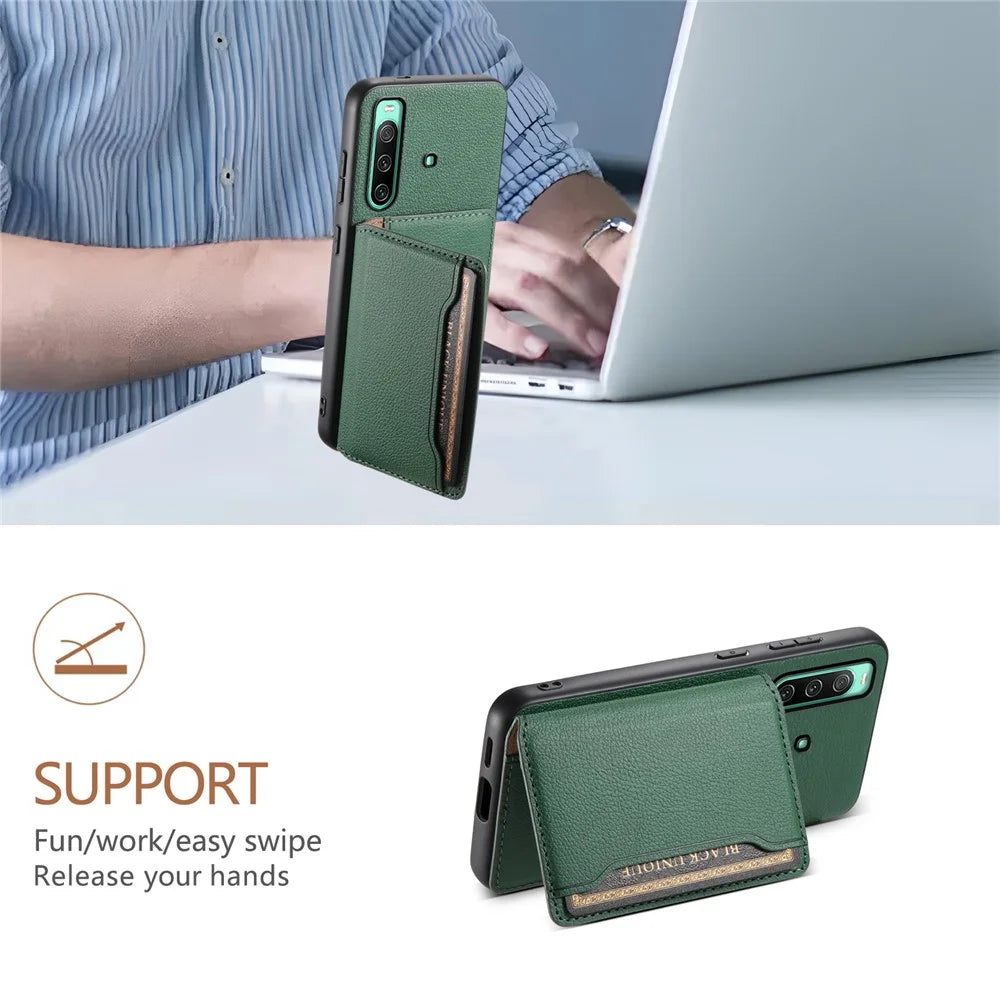 For Sony Xperia 10 IV 5G Phone Case Card Slots TPU+PC+PU Kickstand Cover - Green - 5