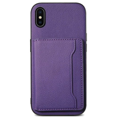For iPhone X / XS Case Card Slot Calf Texture PU+ PC+TPU Phone Cover with Kickstand - Purple - 1