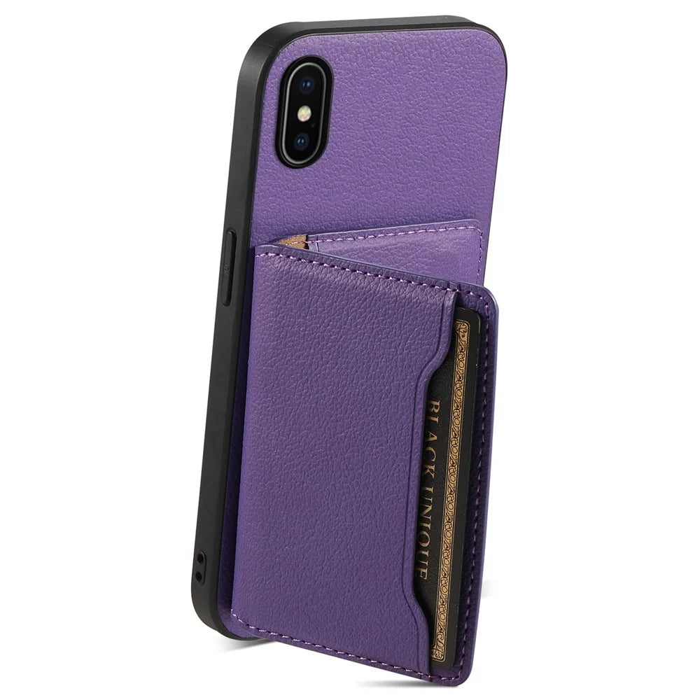 For iPhone X / XS Case Card Slot Calf Texture PU+ PC+TPU Phone Cover with Kickstand - Purple - 2