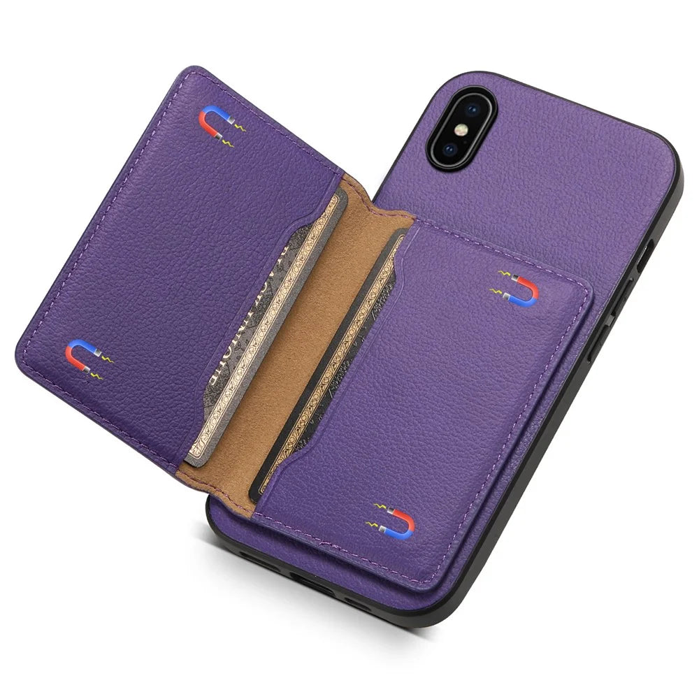 For iPhone X / XS Case Card Slot Calf Texture PU+ PC+TPU Phone Cover with Kickstand - Purple - 4