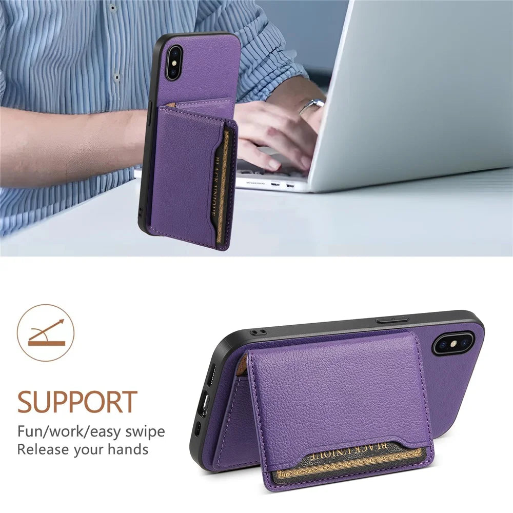 For iPhone X / XS Case Card Slot Calf Texture PU+ PC+TPU Phone Cover with Kickstand - Purple - 5