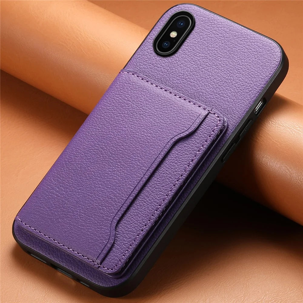 For iPhone X / XS Case Card Slot Calf Texture PU+ PC+TPU Phone Cover with Kickstand - Purple - 6