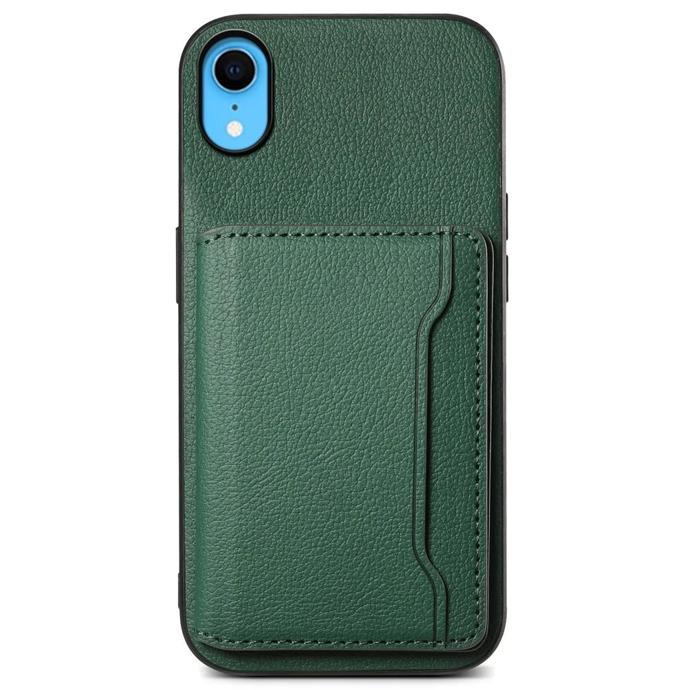For iPhone XR Case Kickstand Calf Texture PU Leather Coating Phone Cover - Green - 1