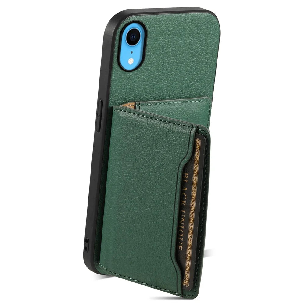 For iPhone XR Case Kickstand Calf Texture PU Leather Coating Phone Cover - Green - 2