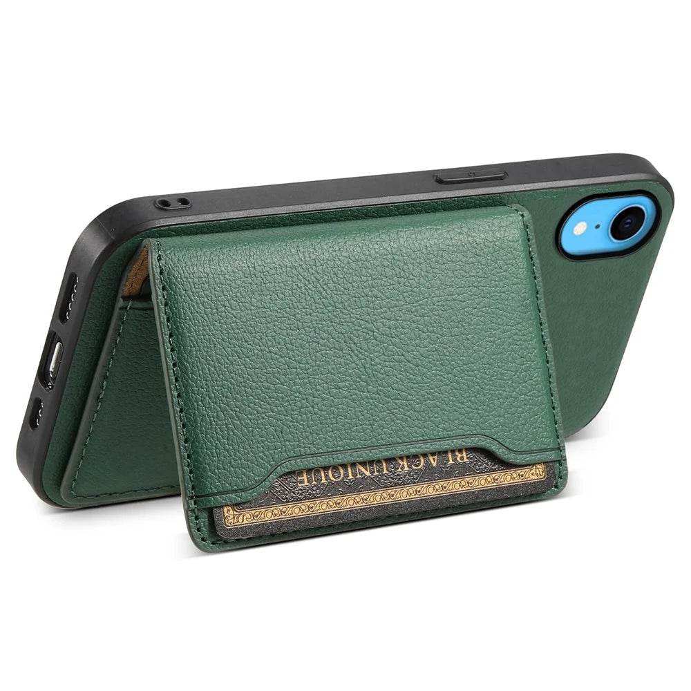 For iPhone XR Case Kickstand Calf Texture PU Leather Coating Phone Cover - Green - 3