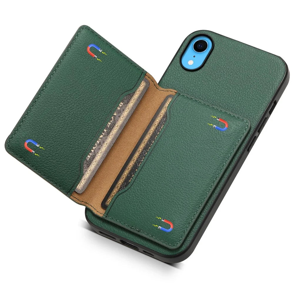 For iPhone XR Case Kickstand Calf Texture PU Leather Coating Phone Cover - Green - 4