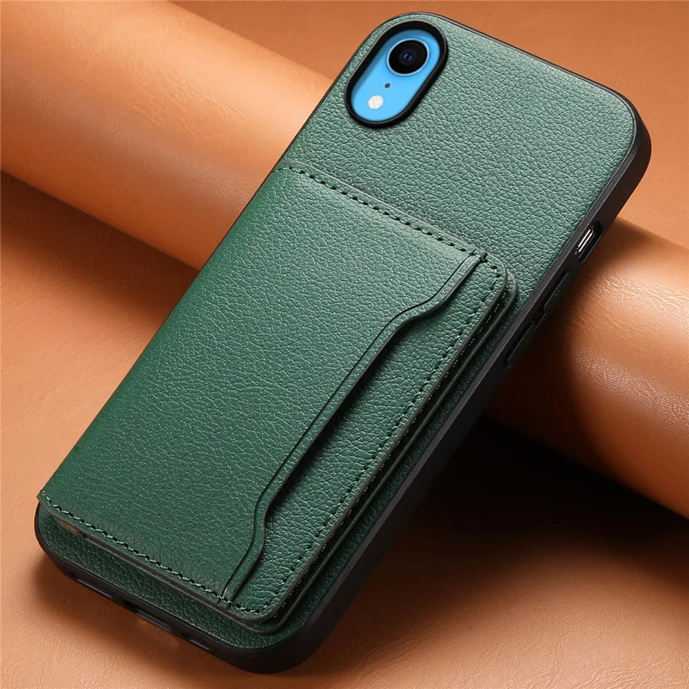 For iPhone XR Case Kickstand Calf Texture PU Leather Coating Phone Cover - Green - 6