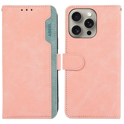ABEEL For iPhone 15 Pro Max PU Leather Cover RFID Blocking Stand Phone Protective Case - Pink - 1