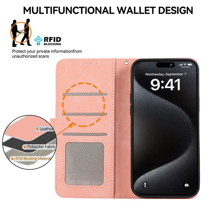 ABEEL For iPhone 15 Pro Max PU Leather Cover RFID Blocking Stand Phone Protective Case - Pink - 4