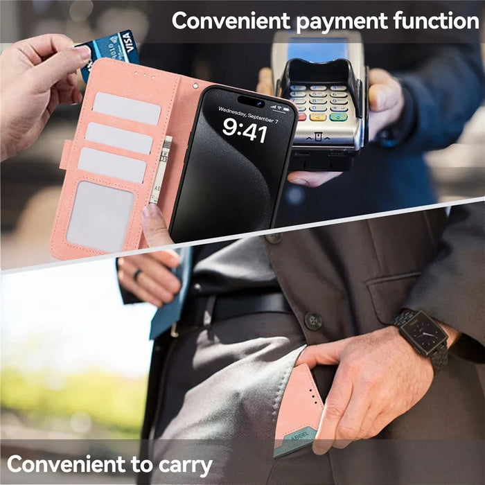 ABEEL For iPhone 15 Pro Max PU Leather Cover RFID Blocking Stand Phone Protective Case - Pink - 6