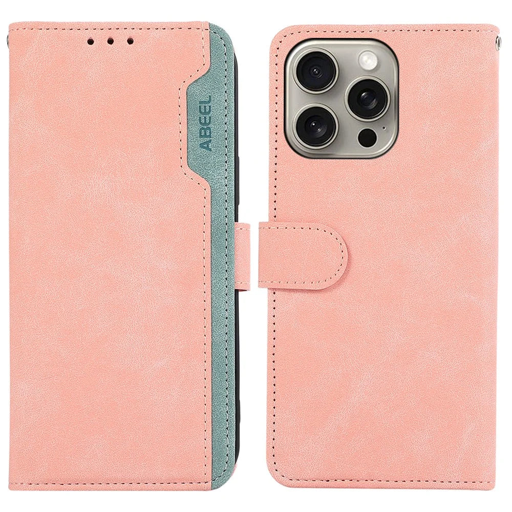 ABEEL For iPhone 13 Pro Max Case with RFID Blocking Leather Wallet Flip Folio Stand Phone Cover - Pink - 1