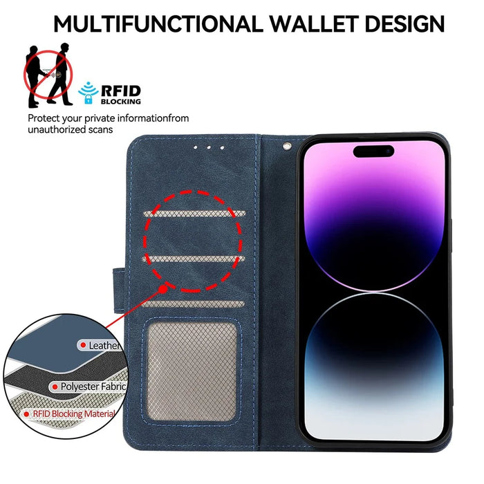 ABEEL For iPhone 14 Pro Leather Phone Case RFID Blocking Wallet Flip Phone Cover - Blue - 4