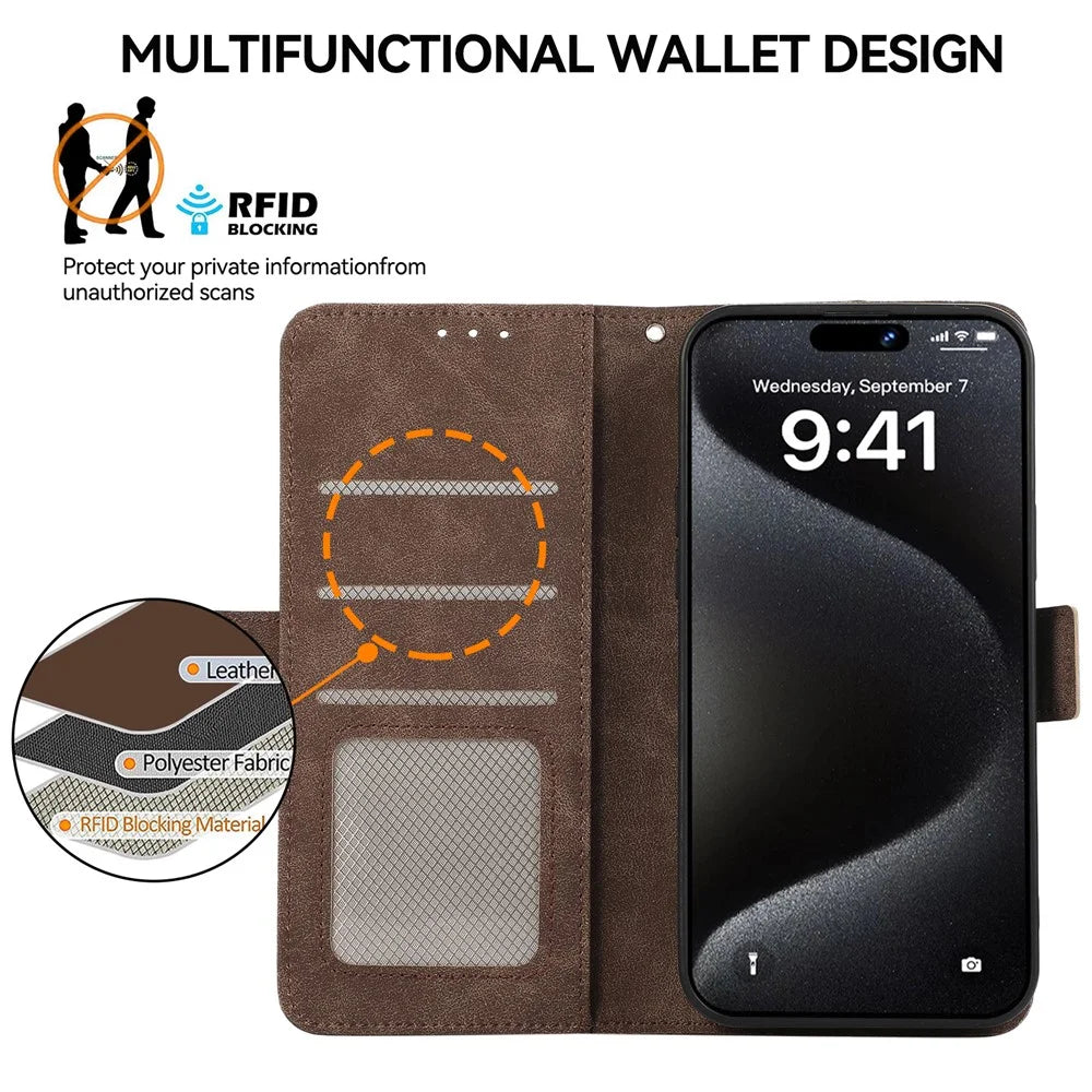 ABEEL For iPhone 15 Pro Case RFID Blocking Card Holder Bump Proof Phone Cover - Brown - 4