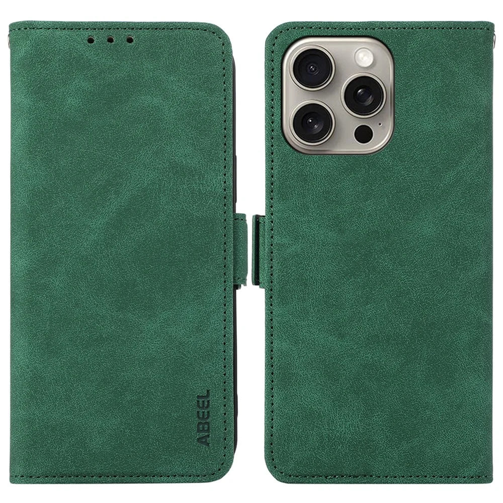 ABEEL For iPhone 13 Pro Max Wallet Phone Case RFID Blocking Leather Flip Cover Side Magnetic Clasp - Green - 1