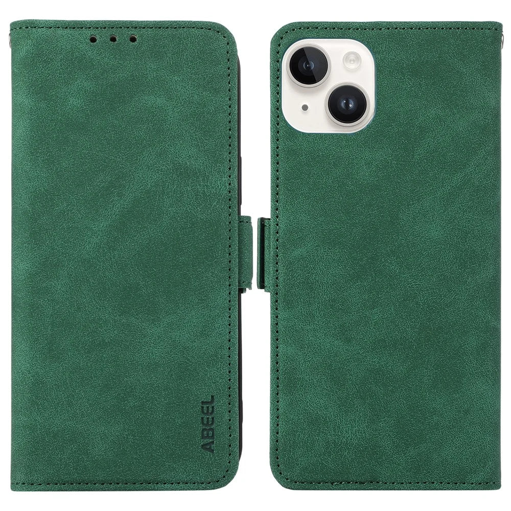 ABEEL For iPhone 15 Plus Leather Case Side Magnetic Clasp RFID Blocking Wallet Phone Cover - Green - 1