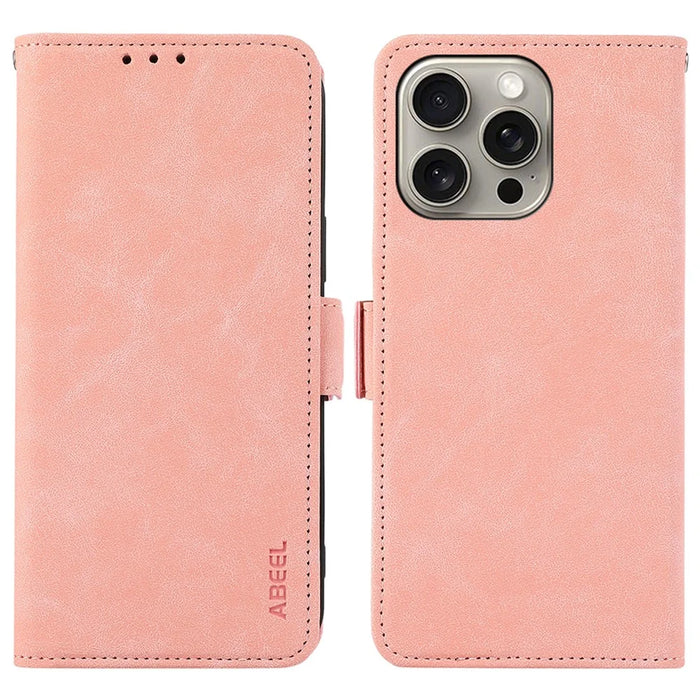 ABEEL For iPhone 15 Pro Max Wallet Case PU Leather Stand Blocking RFID Phone Cover - Pink - 1