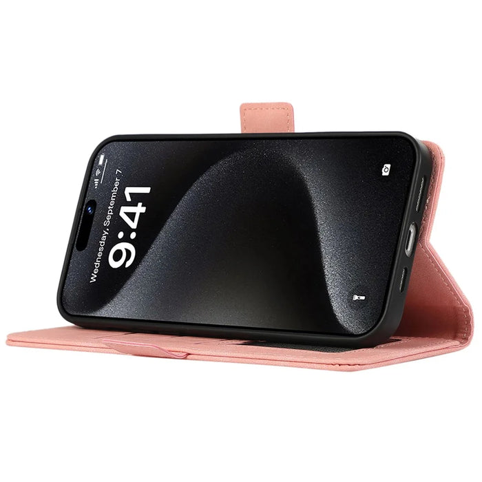 ABEEL For iPhone 15 Pro Max Wallet Case PU Leather Stand Blocking RFID Phone Cover - Pink - 3