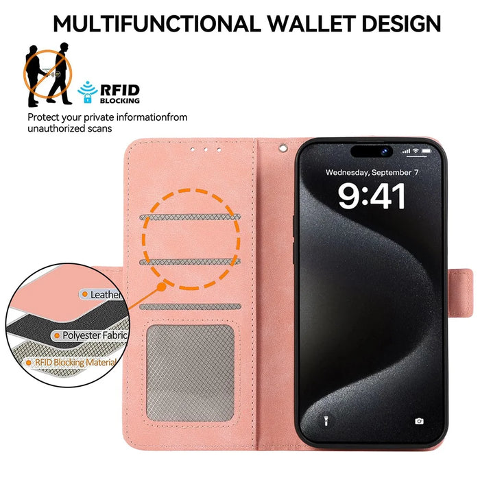 ABEEL For iPhone 15 Pro Max Wallet Case PU Leather Stand Blocking RFID Phone Cover - Pink - 4