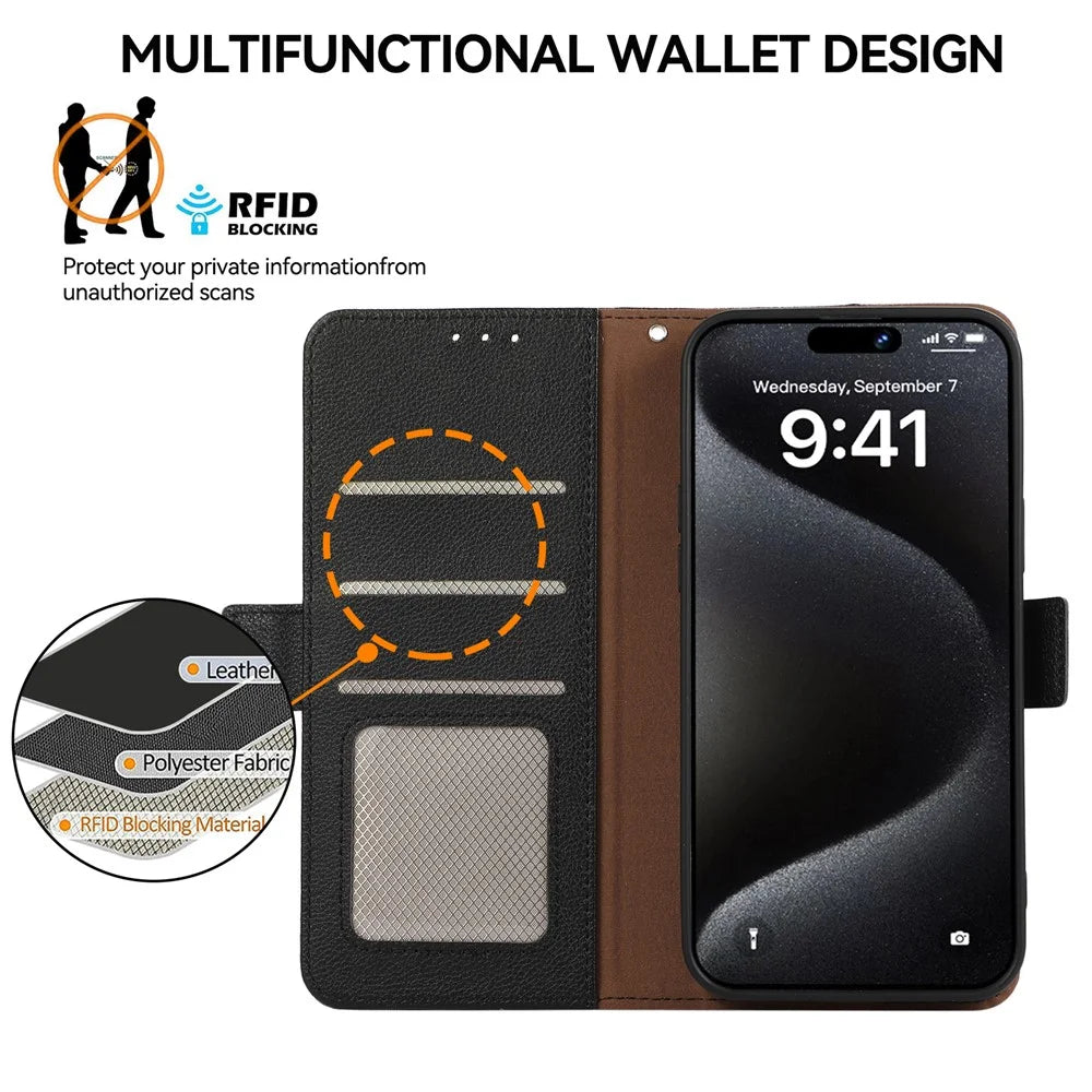 ABEEL For iPhone 15 Pro Max Case RFID Blocking Leather Phone Cover Side Magnetic Clasp - Black - 4