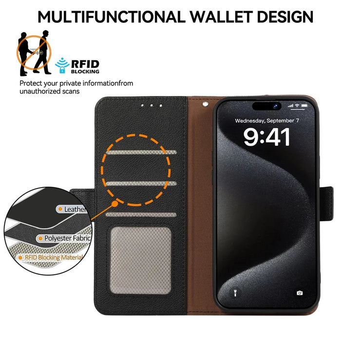 ABEEL For iPhone 15 Pro Max Case RFID Blocking Leather Phone Cover Side Magnetic Clasp - Black - 4