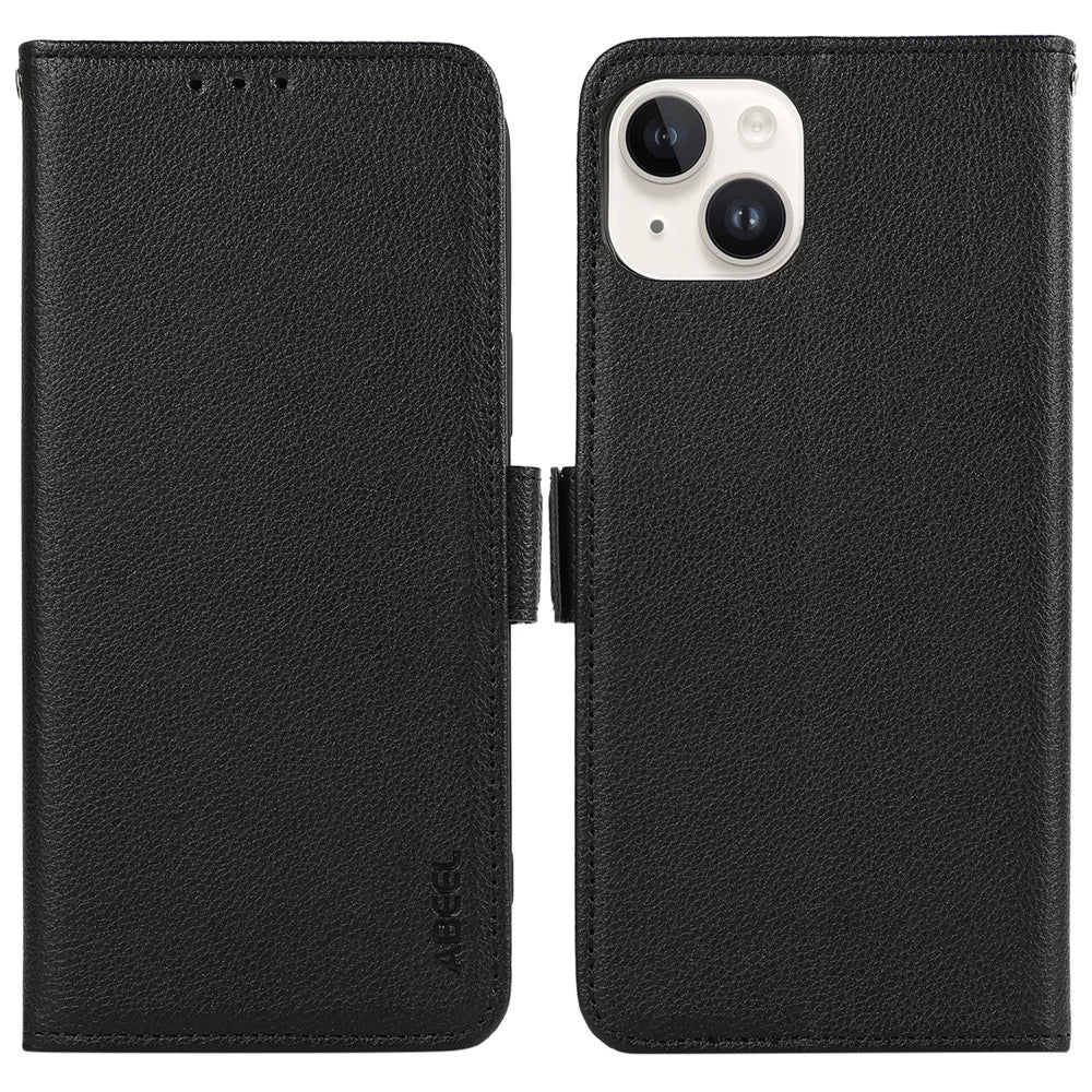 ABEEL For iPhone 14 Plus PU Leather Case Litchi Texture RFID Blocking Phone Cover - Black - 1