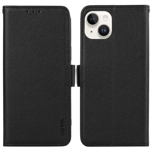 ABEEL For iPhone 15 Plus Leather Case RFID Blocking Wallet Litchi Texture Phone Cover - Black - 1